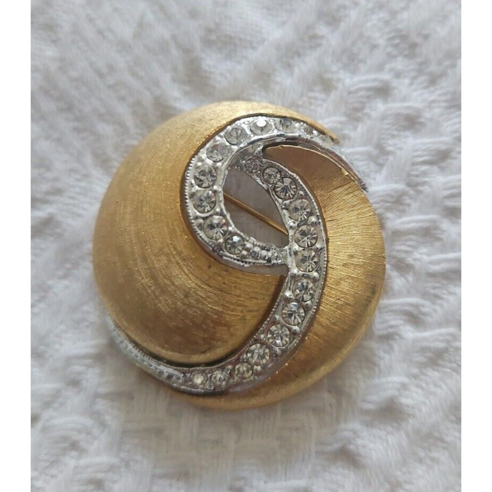 Vintage Signed  JJ Jonette Chunky  Brushed Goldtone Rhinestone Brooch Pin